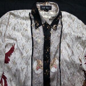 Vintage Silk Boy Rooster Phoenix Metallic Gold Button Shirt